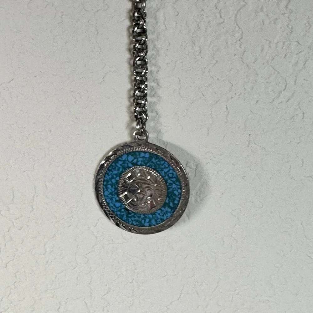 Vintage Alpaca Mexico Turquoise Inlay Sun Face Keychain Southwest Silver Tone